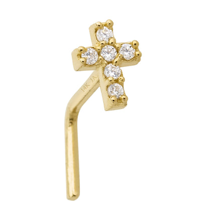 Jewelry Avalanche 20G 14K Gold L-Shape Cross Nose Stud – CZ Accented Religious Nose Jewelry