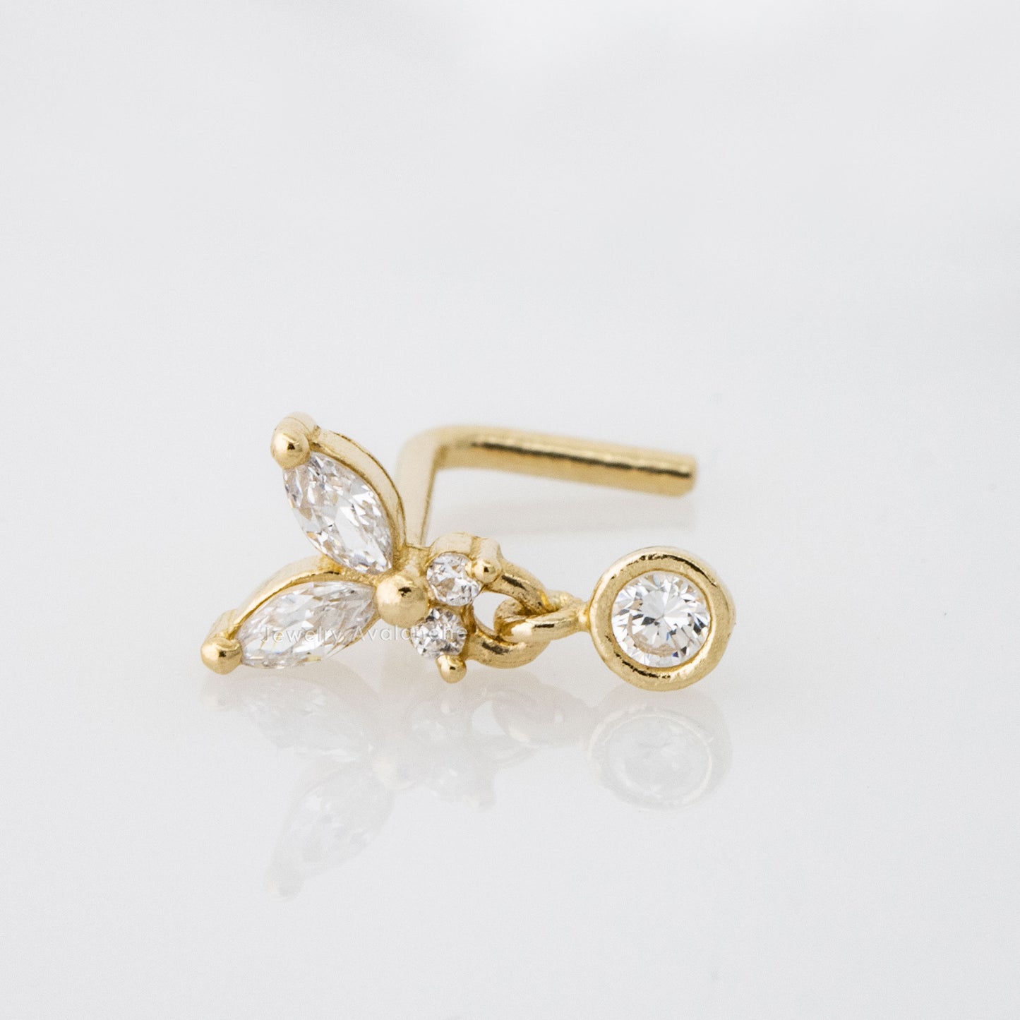 Jewelry Avalanche 20G 14K Gold L-Shape Butterfly Nose Stud – Dangling Bezel Set CZ Nose Jewelry