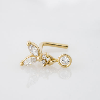 Jewelry Avalanche 20G 14K Gold L-Shape Butterfly Nose Stud – Dangling Bezel Set CZ Nose Jewelry