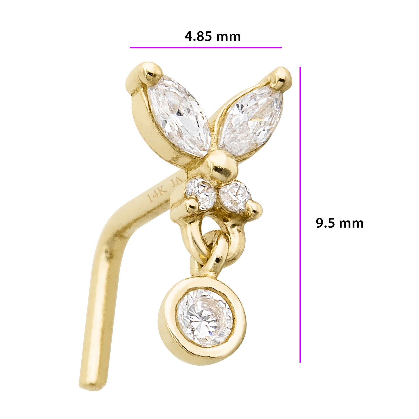 Jewelry Avalanche 20G 14K Gold L-Shape Butterfly Nose Stud – Dangling Bezel Set CZ Nose Jewelry