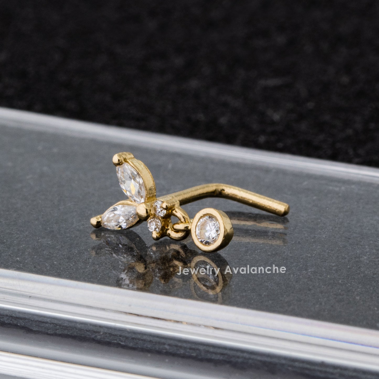 Jewelry Avalanche 20G 14K Gold L-Shape Butterfly Nose Stud – Dangling Bezel Set CZ Nose Jewelry