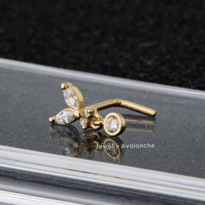 Jewelry Avalanche 20G 14K Gold L-Shape Butterfly Nose Stud – Dangling Bezel Set CZ Nose Jewelry