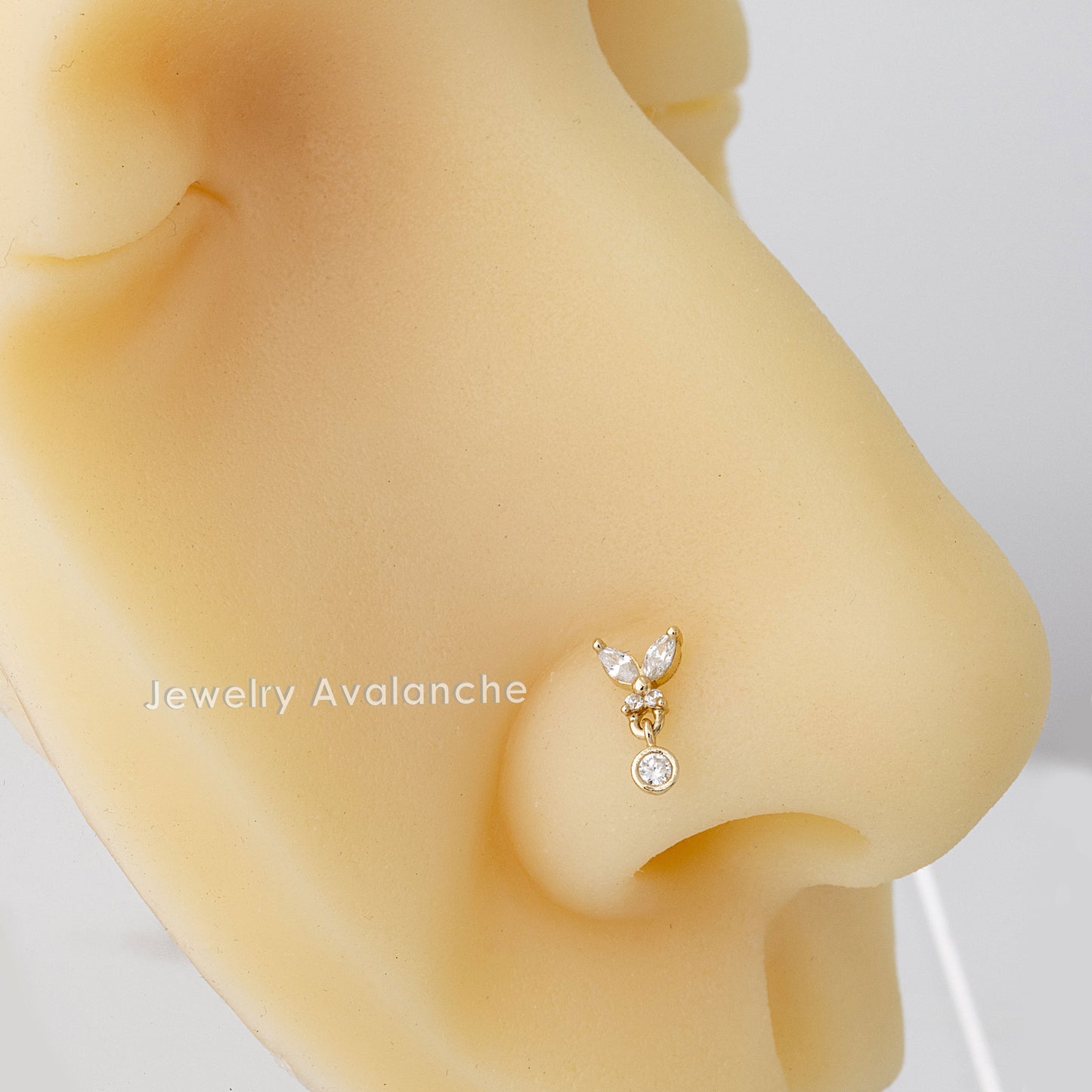 Jewelry Avalanche 20G 14K Gold L-Shape Butterfly Nose Stud – Dangling Bezel Set CZ Nose Jewelry