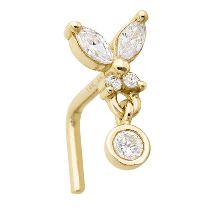 Jewelry Avalanche 20G 14K Gold L-Shape Butterfly Nose Stud – Dangling Bezel Set CZ Nose Jewelry