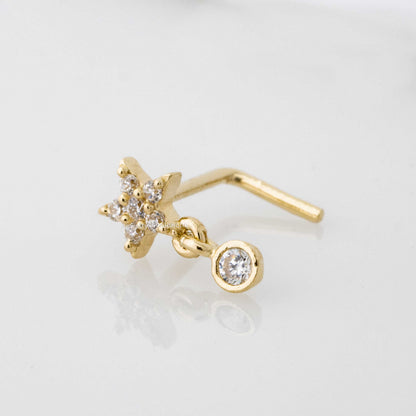 Jewelry Avalanche 20G 14K Gold L-Shape Flower Nose Stud – Dangling Bezel Set CZ Nose Jewelry