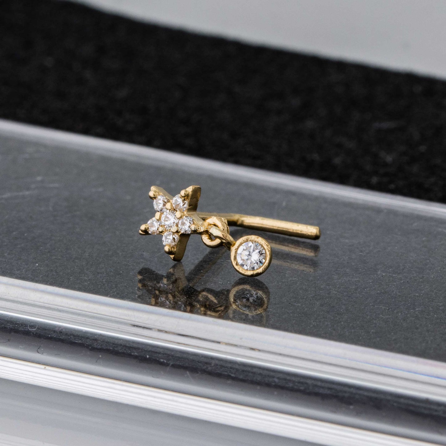 Jewelry Avalanche 20G 14K Gold L-Shape Flower Nose Stud – Dangling Bezel Set CZ Nose Jewelry