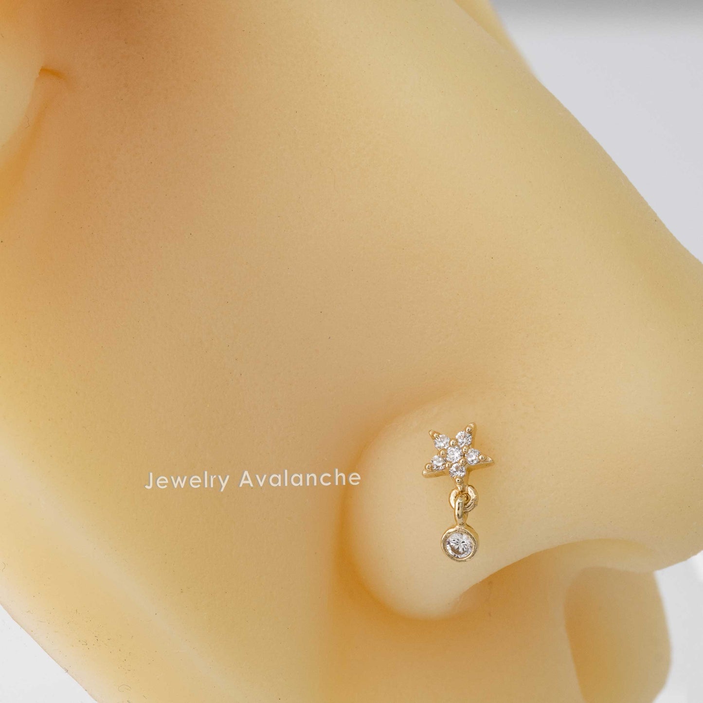 Jewelry Avalanche 20G 14K Gold L-Shape Flower Nose Stud – Dangling Bezel Set CZ Nose Jewelry