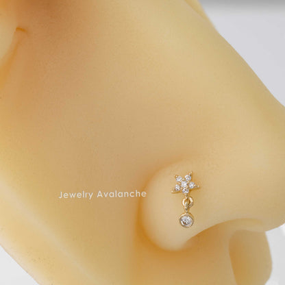 Jewelry Avalanche 20G 14K Gold L-Shape Flower Nose Stud – Dangling Bezel Set CZ Nose Jewelry