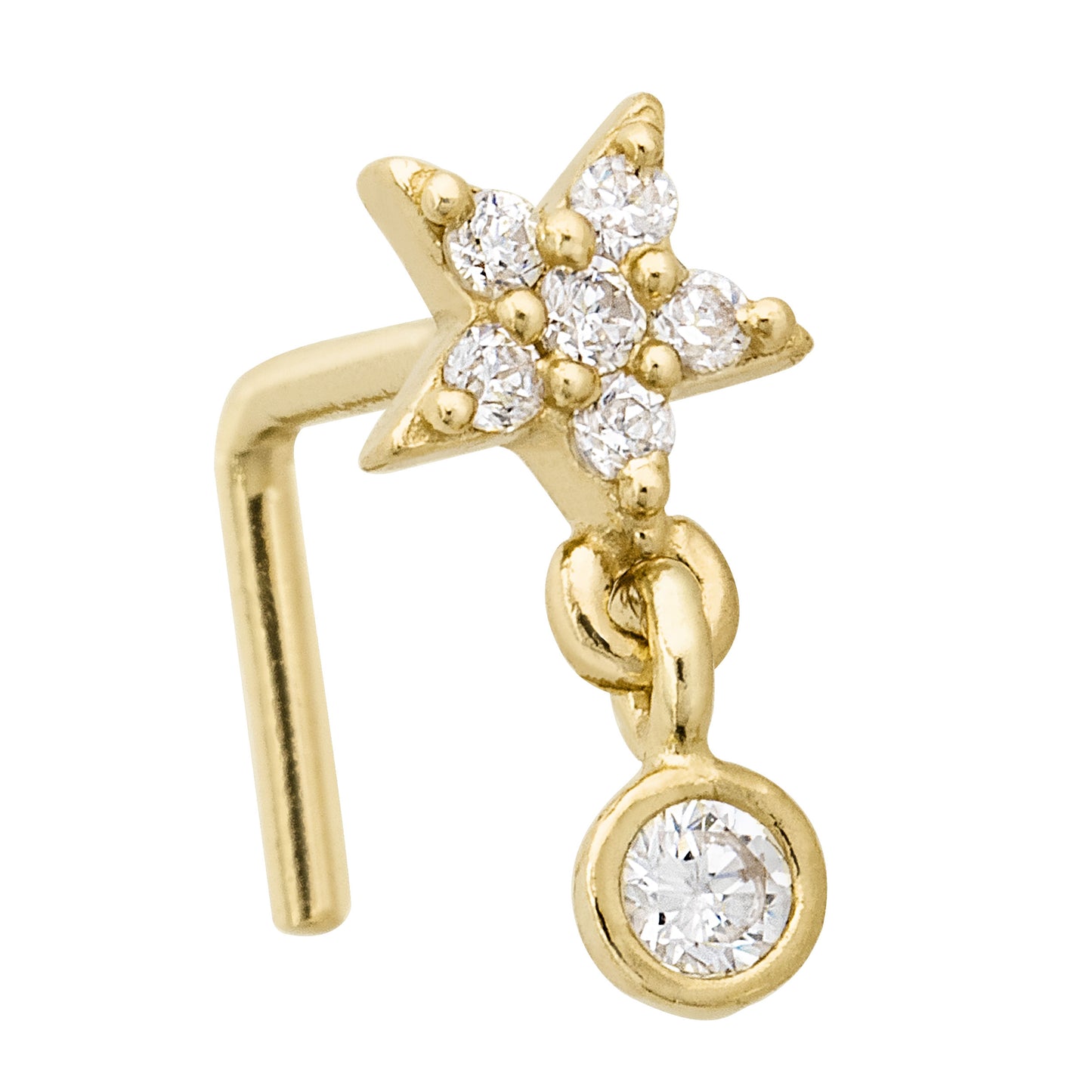 Jewelry Avalanche 20G 14K Gold L-Shape Flower Nose Stud – Dangling Bezel Set CZ Nose Jewelry