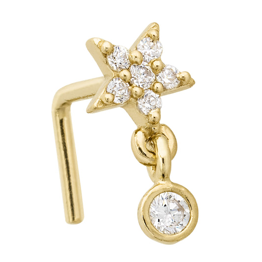 Jewelry Avalanche 20G 14K Gold L-Shape Flower Nose Stud – Dangling Bezel Set CZ Nose Jewelry