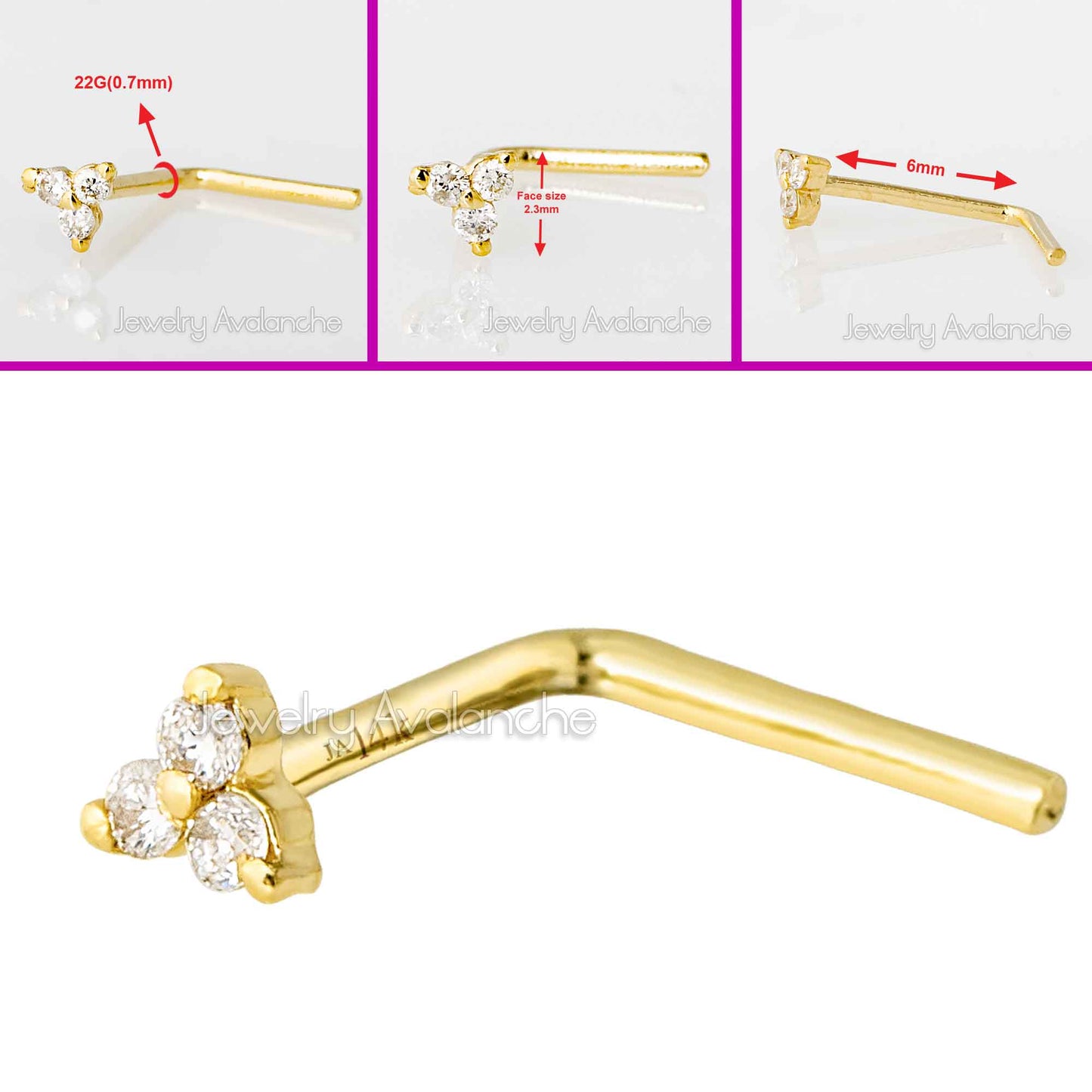 Jewelry Avalanche 3-stone 0.015ctw Diamond L-shape Nose Stud 22G Solid 14K Gold