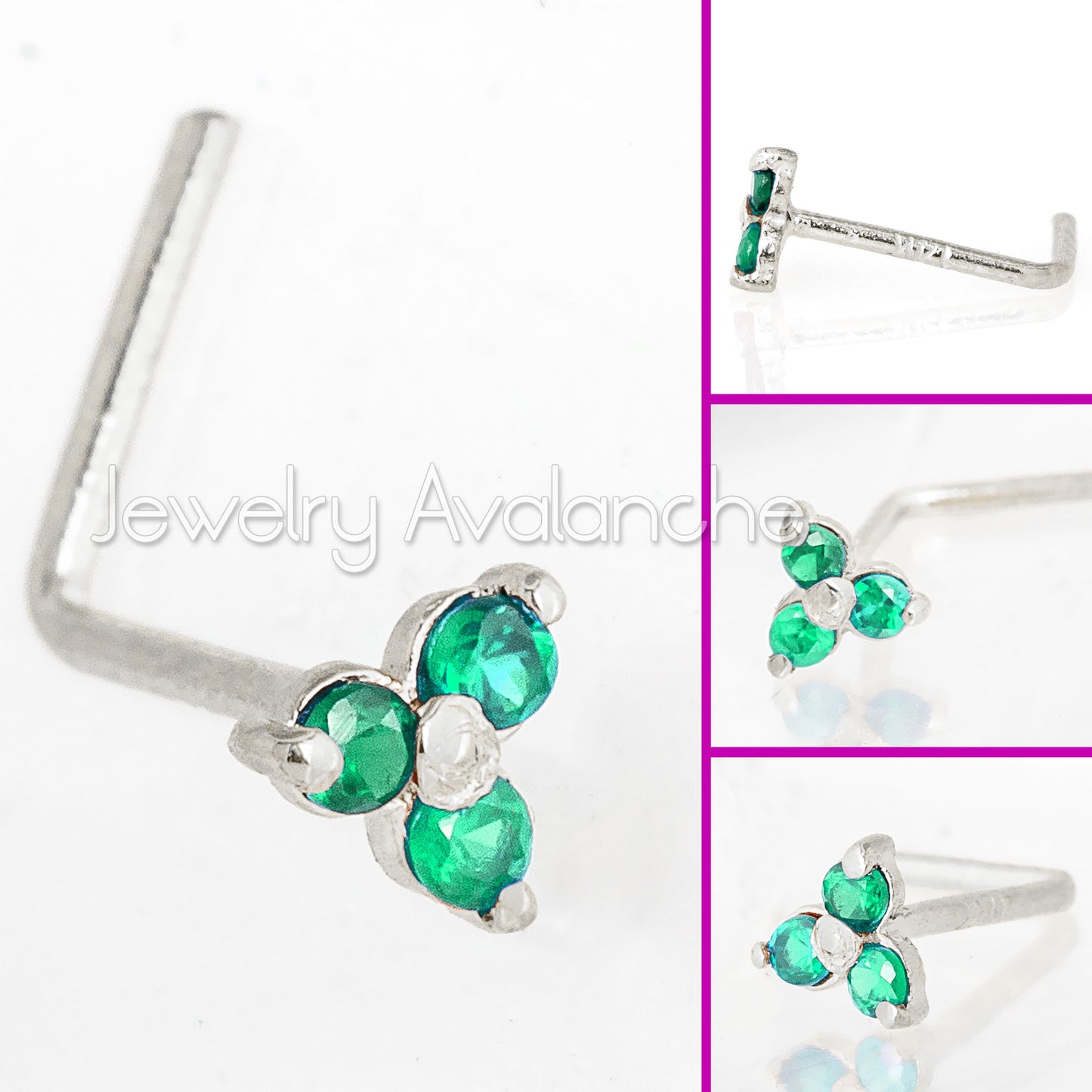 Jewelry Avalanche 3-stone Emerald L-shape Nose Stud 22G Solid 14K Gold