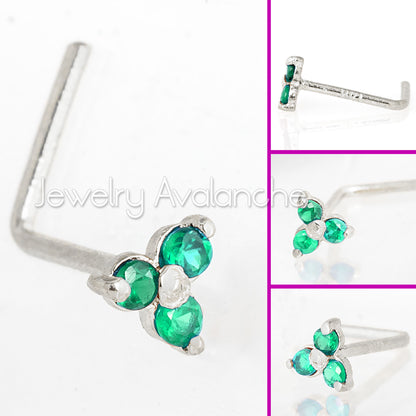 Jewelry Avalanche 3-stone Emerald L-shape Nose Stud 22G Solid 14K Gold