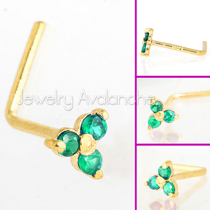 Jewelry Avalanche 3-stone Emerald L-shape Nose Stud 22G Solid 14K Gold