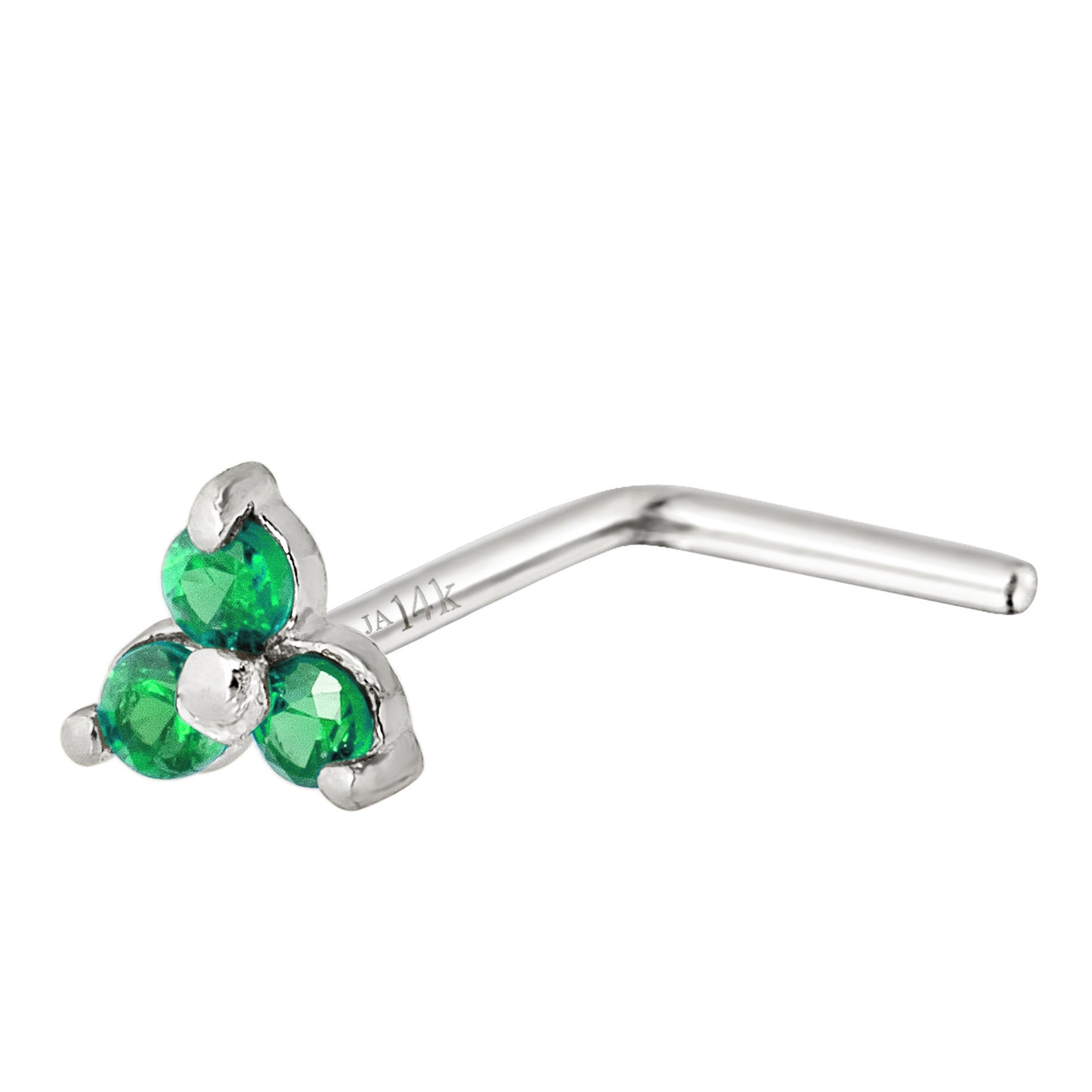 Jewelry Avalanche 3-stone Emerald L-shape Nose Stud 22G Solid 14K Gold