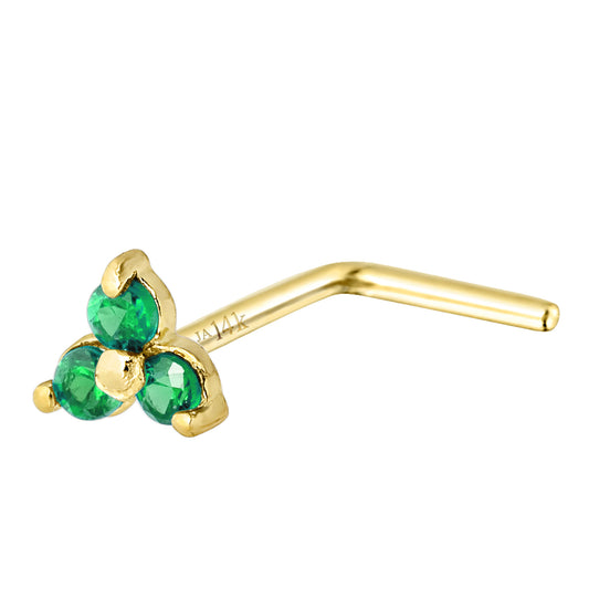 Jewelry Avalanche 3-stone Emerald L-shape Nose Stud 22G Solid 14K Gold