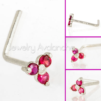 Jewelry Avalanche 3-stone Ruby L-shape Nose Stud 22G Solid 14K Gold