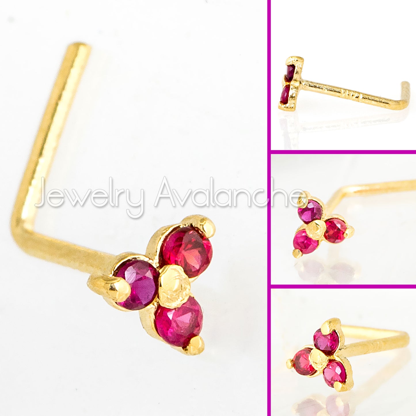 Jewelry Avalanche 3-stone Ruby L-shape Nose Stud 22G Solid 14K Gold
