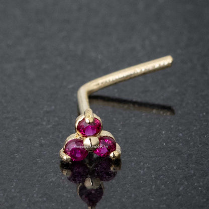 Jewelry Avalanche 3-stone Ruby L-shape Nose Stud 22G Solid 14K Gold