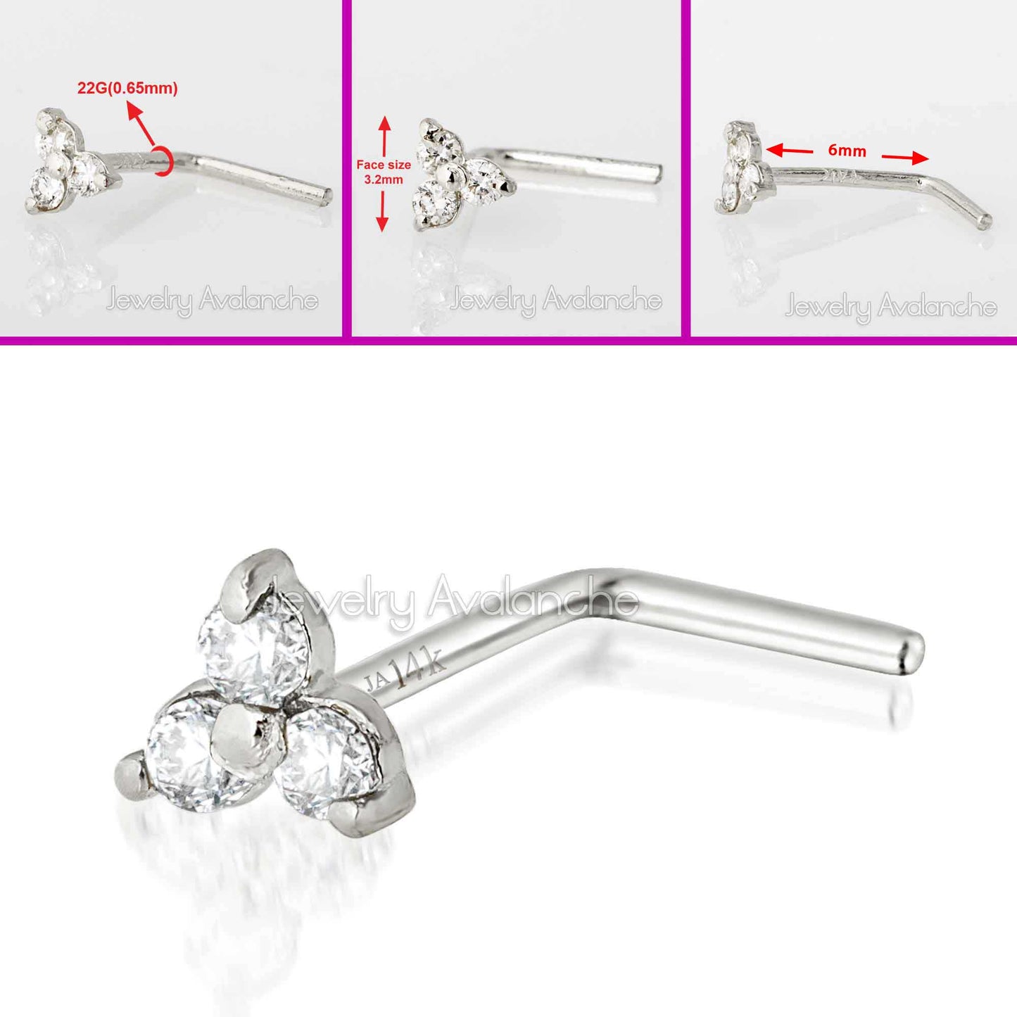 Jewelry Avalanche 3-stone 0.03ctw Diamond L-shape Nose Stud 22G Solid 14K Gold