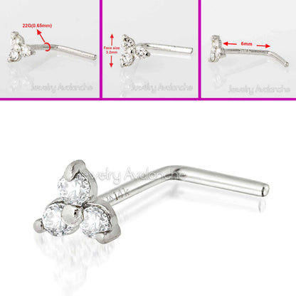 Jewelry Avalanche 3-stone 0.03ctw Diamond L-shape Nose Stud 22G Solid 14K Gold