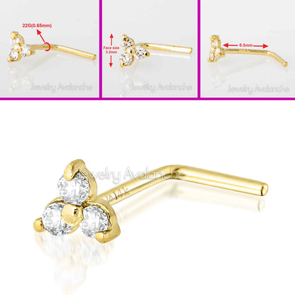 Jewelry Avalanche 3-stone 0.03ctw Diamond L-shape Nose Stud 22G Solid 14K Gold