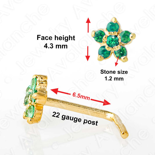 Jewelry Avalanche 22G Solid 14K Gold Emerald Flower L-shape Nose Stud