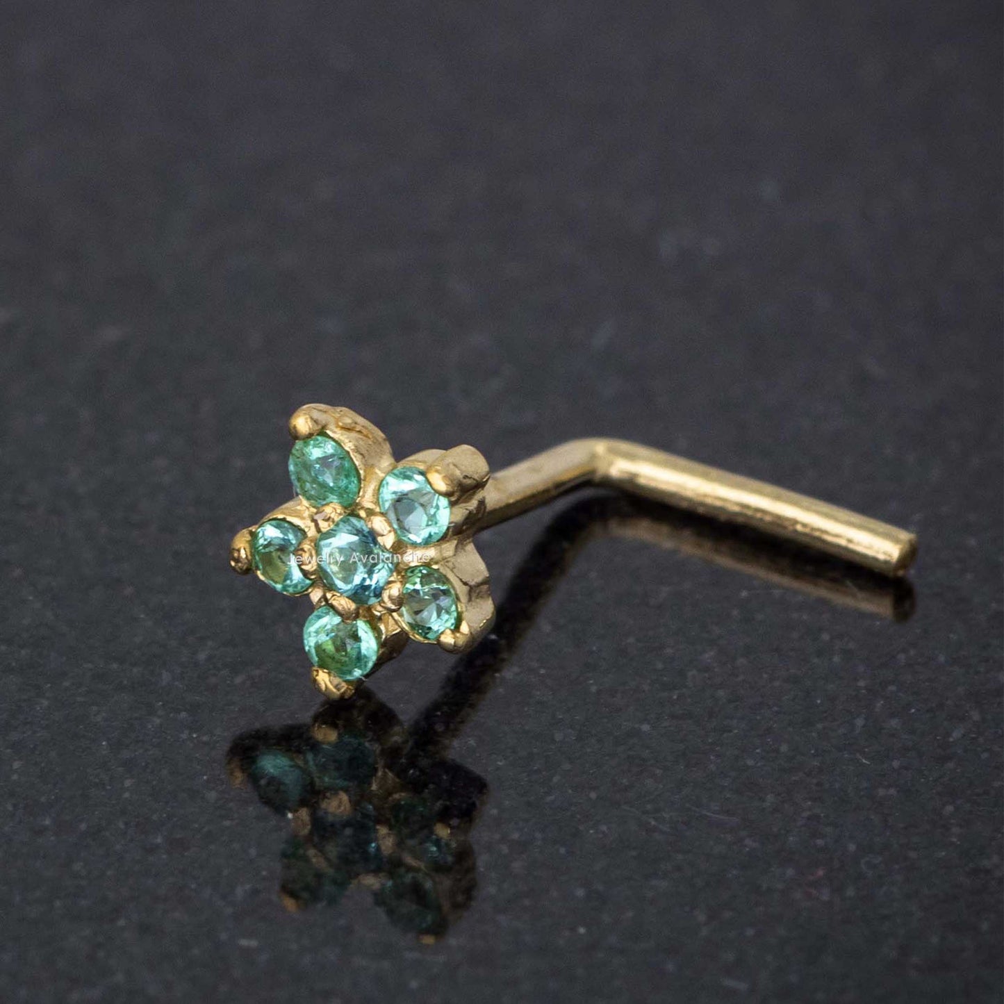 Jewelry Avalanche 22G Solid 14K Gold Emerald Flower L-shape Nose Stud