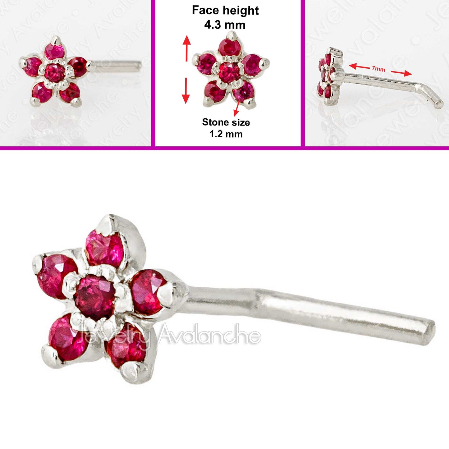 Jewelry Avalanche 22G Solid 14K Gold Ruby Flower L-shape Nose Stud