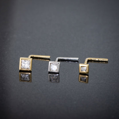 Jewelry Avalanche Bezel Set Princess Cut Moissanite L-Shape Nose Stud, Solid 14K Gold, 22G