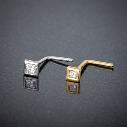 Jewelry Avalanche Bezel Set Princess Cut Diamond L-Shape Nose Stud - Solid 14K Gold - 22G