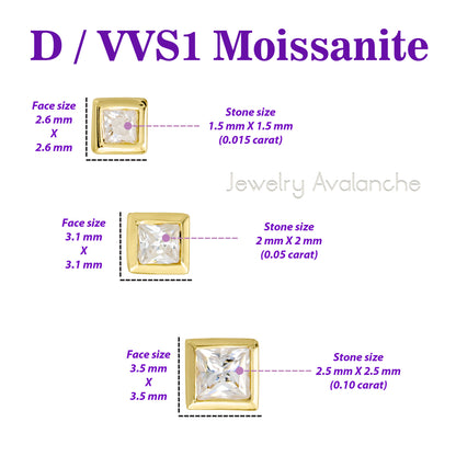 Jewelry Avalanche Bezel Set Princess Cut Moissanite Nose Screw Nose Stud, Solid 14K Gold, 22G