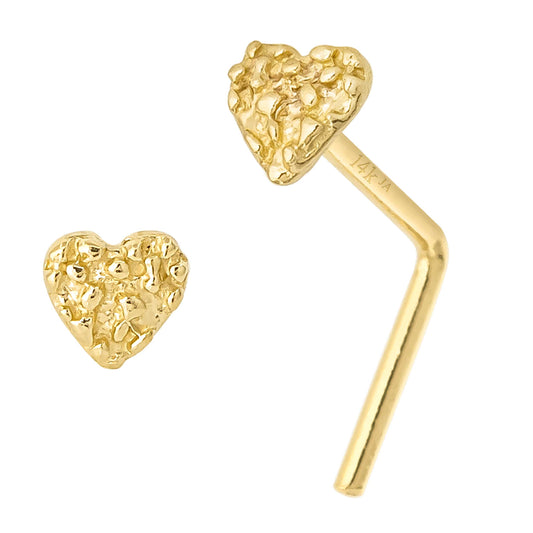 Jewelry Avalanche Solid 14K Yellow Gold Nugget Heart Nose Stud, 22G L-Bend Nose Ring Stud