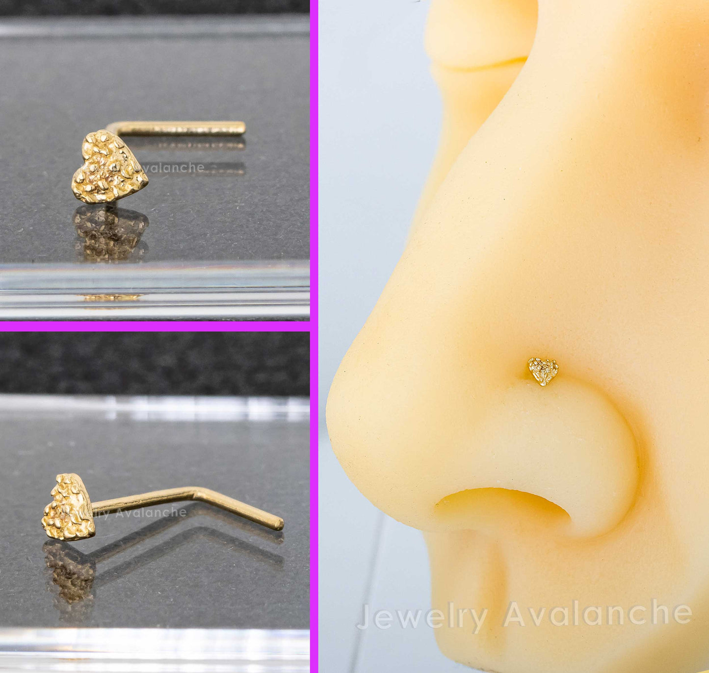 Jewelry Avalanche Solid 14K Yellow Gold Nugget Heart Nose Stud, 22G L-Bend Nose Ring Stud