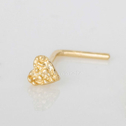 Jewelry Avalanche Solid 14K Yellow Gold Nugget Heart Nose Stud, 22G L-Bend Nose Ring Stud