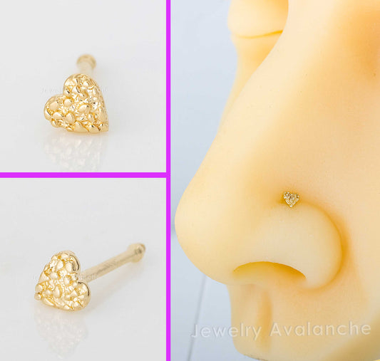 Jewelry Avalanche Solid 14K Yellow Gold Nugget Heart Nose Bone Stud, 22G Ball-end Nose Ring Stud