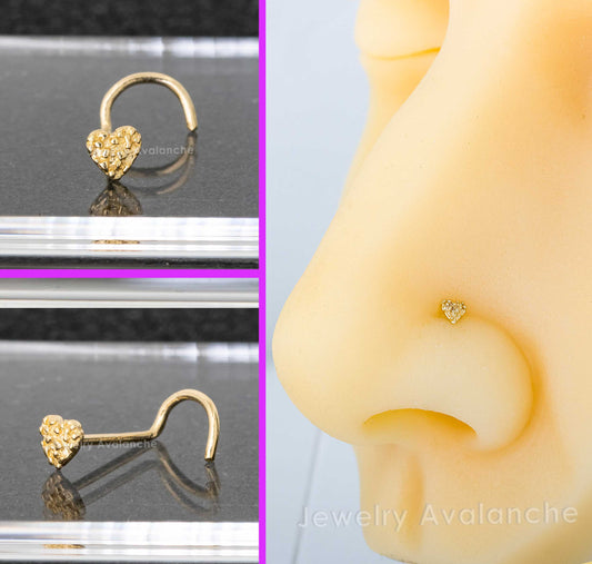 Jewelry Avalanche Solid 14K Yellow Gold Nugget Heart Nose Screw Stud, 22G Screw Nose Ring Stud