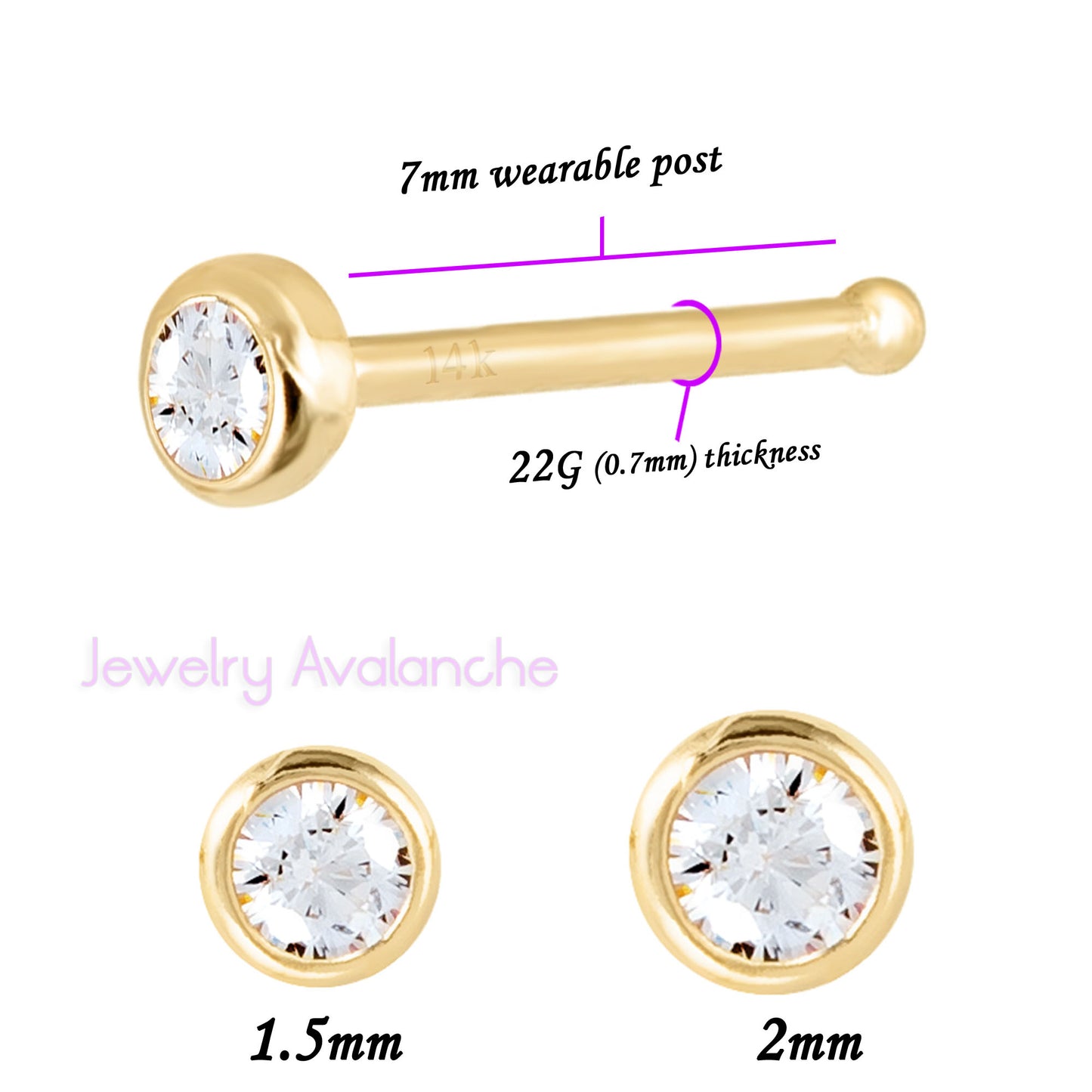 Jewelry Avalanche 22G 14K Yellow Gold Bezel-set CZ Nose Bone Nose Ring Stud
