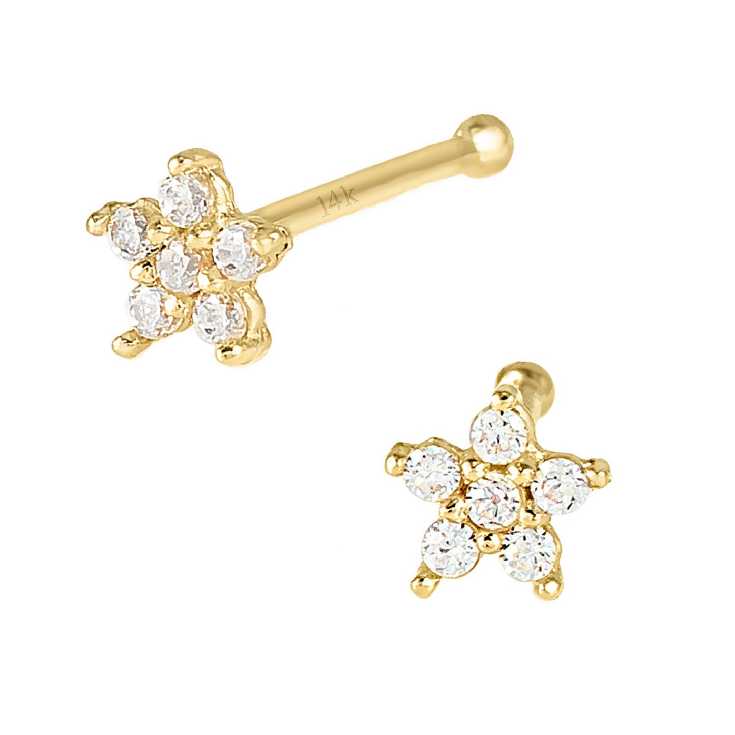 Jewelry Avalanche 22G 14K Yellow Gold CZ Flower-Star Nose Bone Nose Ring Stud