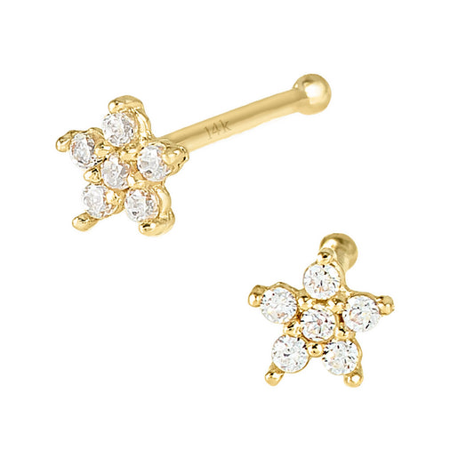 Jewelry Avalanche 22G 14K Yellow Gold CZ Flower-Star Nose Bone Nose Ring Stud