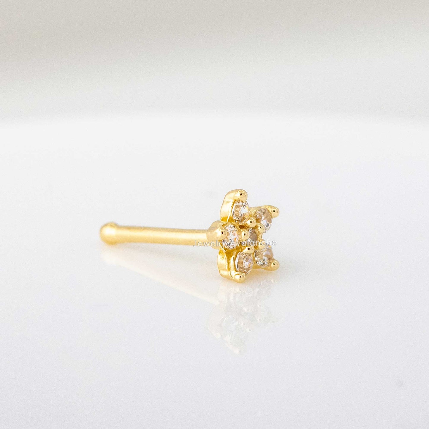 Jewelry Avalanche 20G 14K Yellow Gold CZ Accented Flower Nose Bone Nose Ring Stud