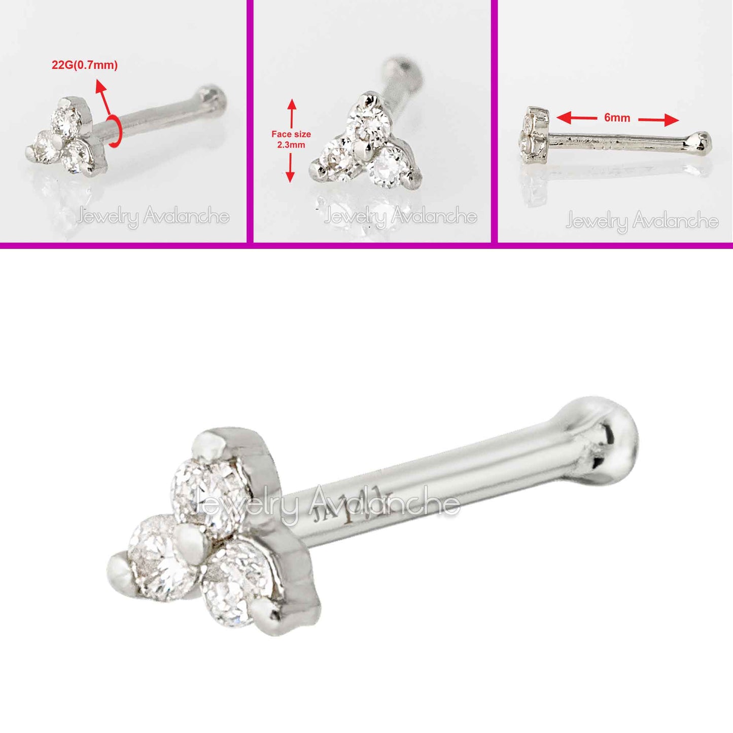 Jewelry Avalanche 3-stone 0.015ctw Diamond Ball-end Nose Stud 22G Solid 14K Gold