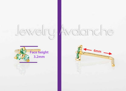 Jewelry Avalanche 3-stone Emerald L-shape Nose Stud 22G Solid 14K Gold