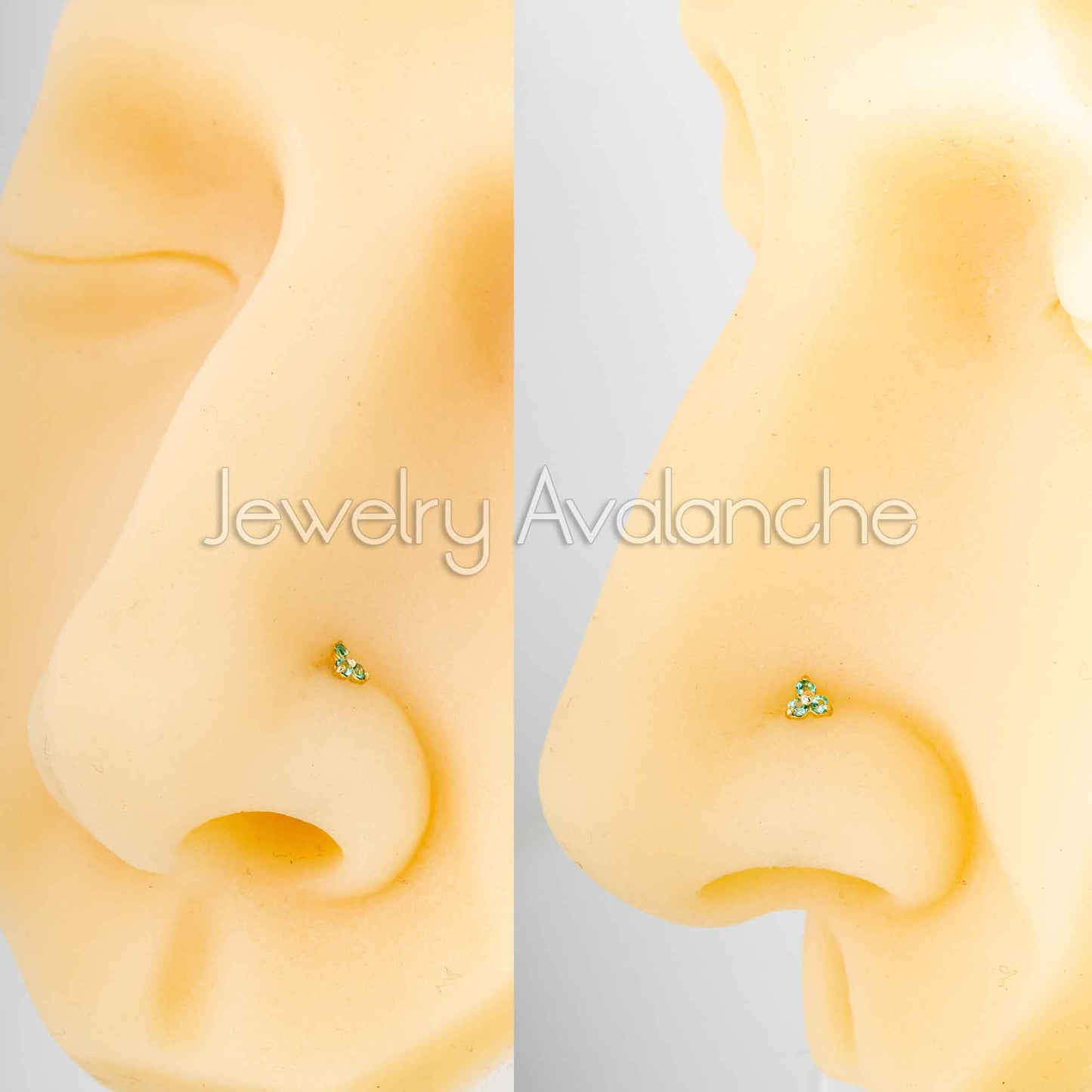 Jewelry Avalanche 3-stone Emerald Screw Nose Stud 22G Solid 14K Gold