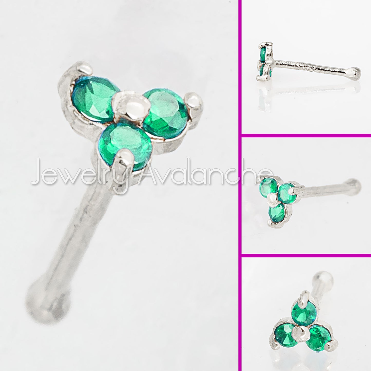 Jewelry Avalanche 3-stone Emerald Nose Bone Nose Stud 22G Solid 14K Gold