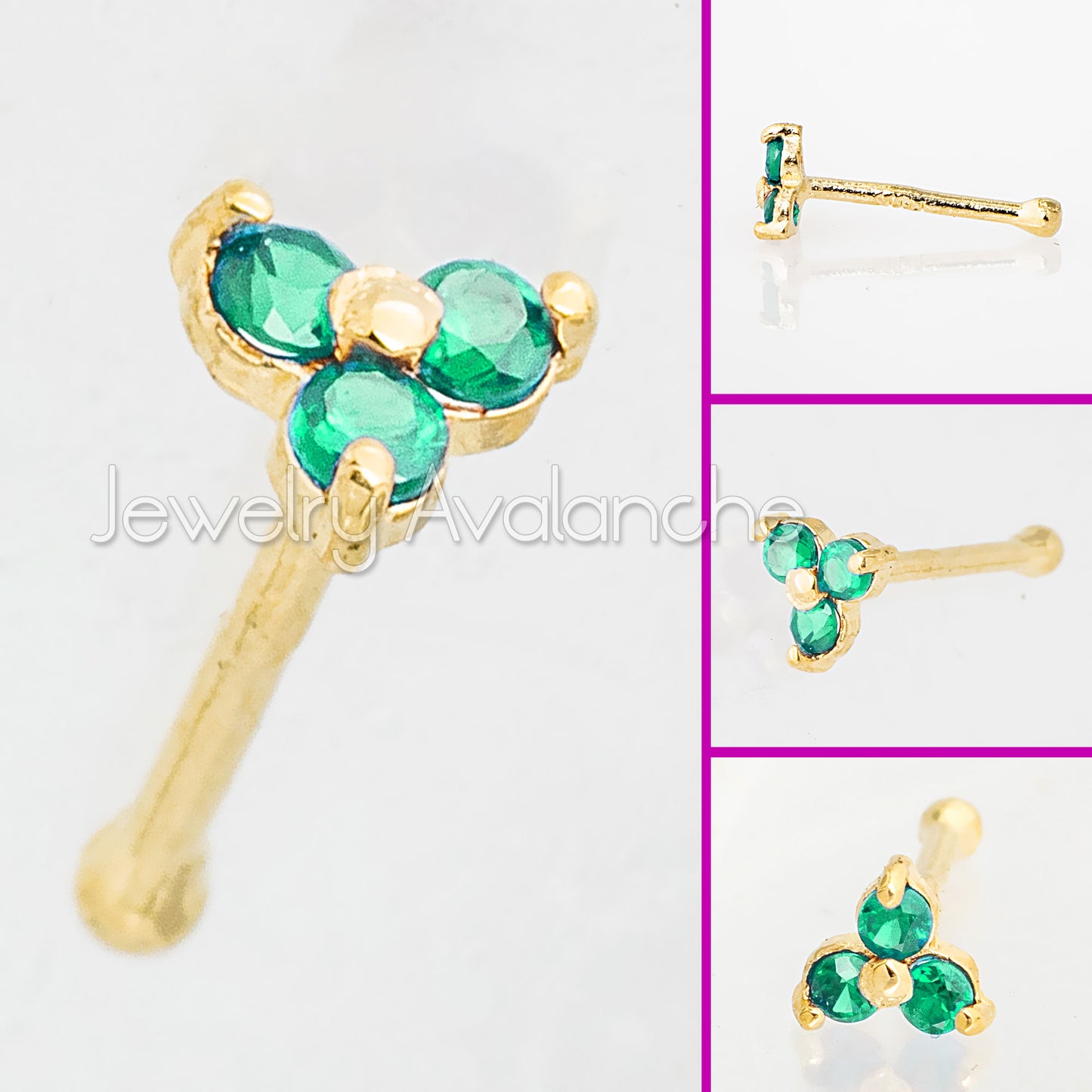 Jewelry Avalanche 3-stone Emerald Nose Bone Nose Stud 22G Solid 14K Gold