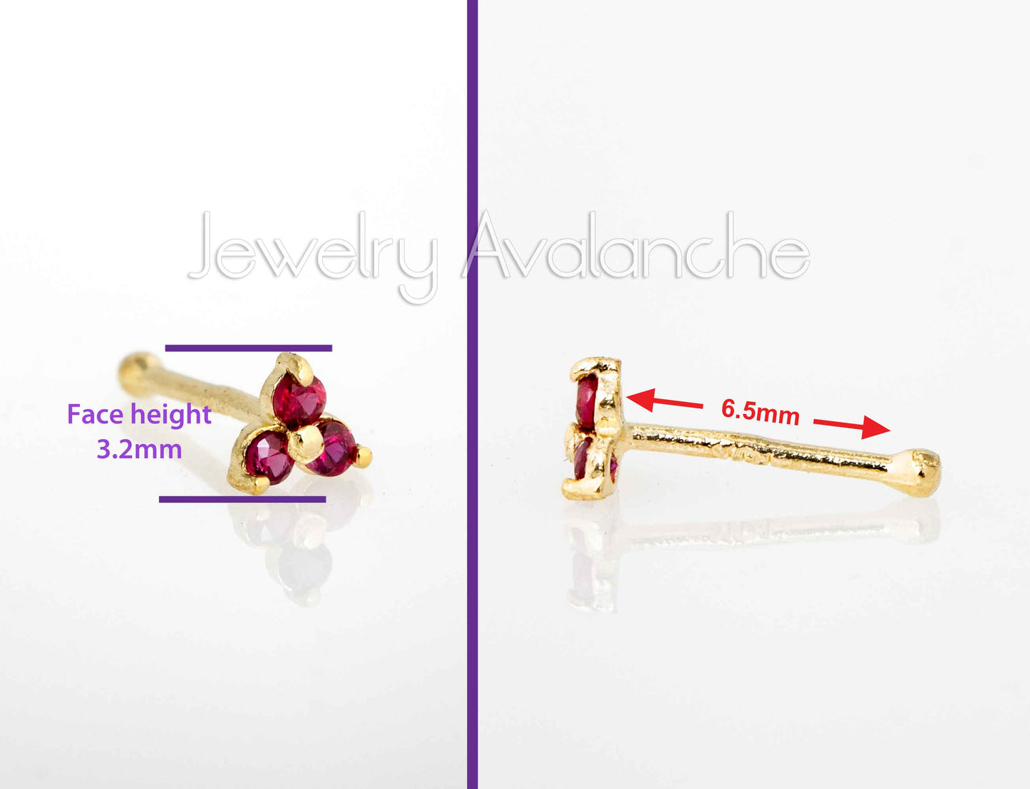 Jewelry Avalanche 3-stone Ruby Nose Bone Nose Stud 22G Solid 14K Gold