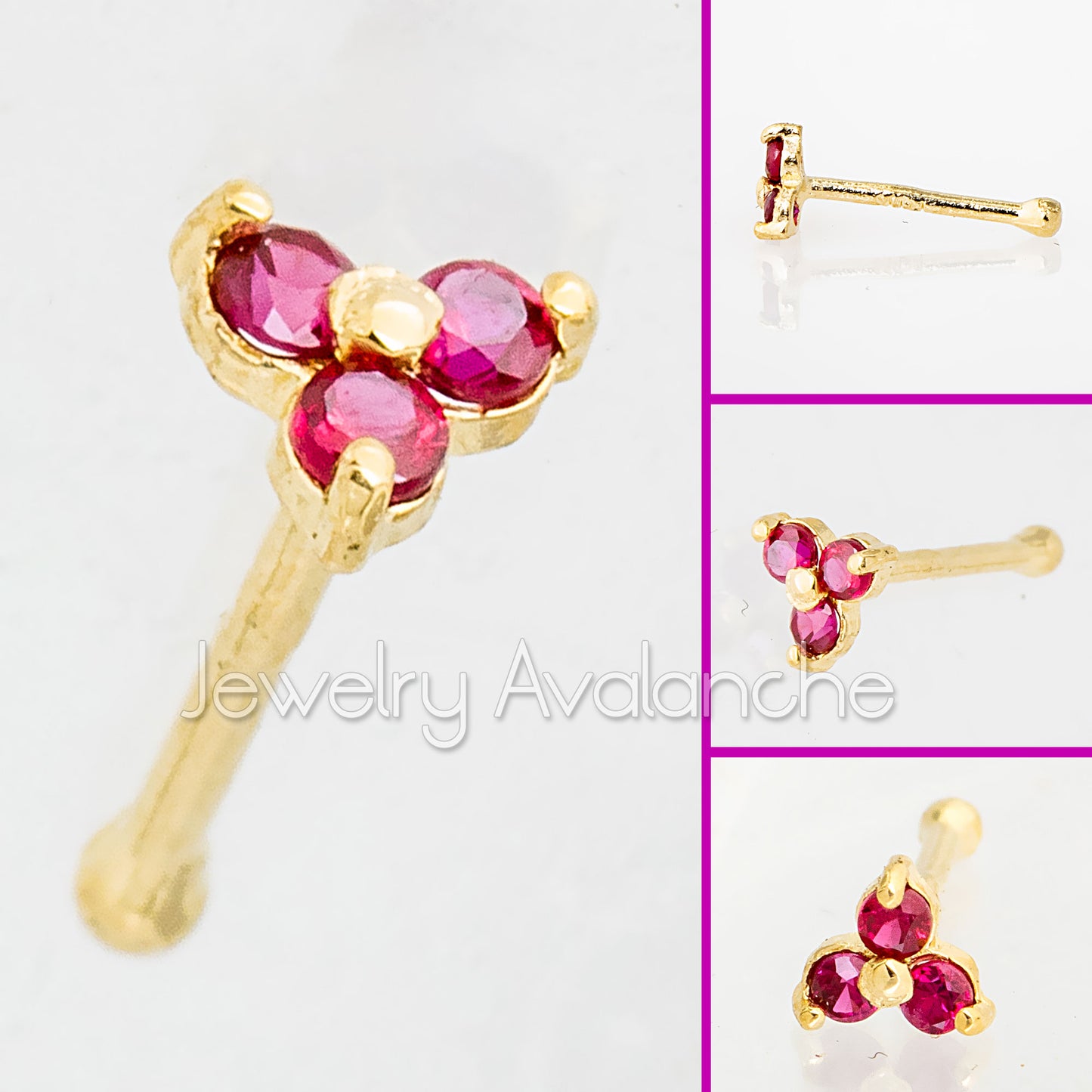 Jewelry Avalanche 3-stone Ruby Nose Bone Nose Stud 22G Solid 14K Gold