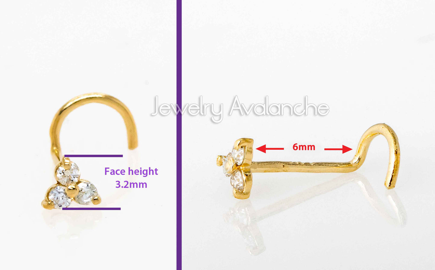 Jewelry Avalanche 3-stone 0.03ctw Diamond Screw Nose Stud 22G Solid 14K Gold
