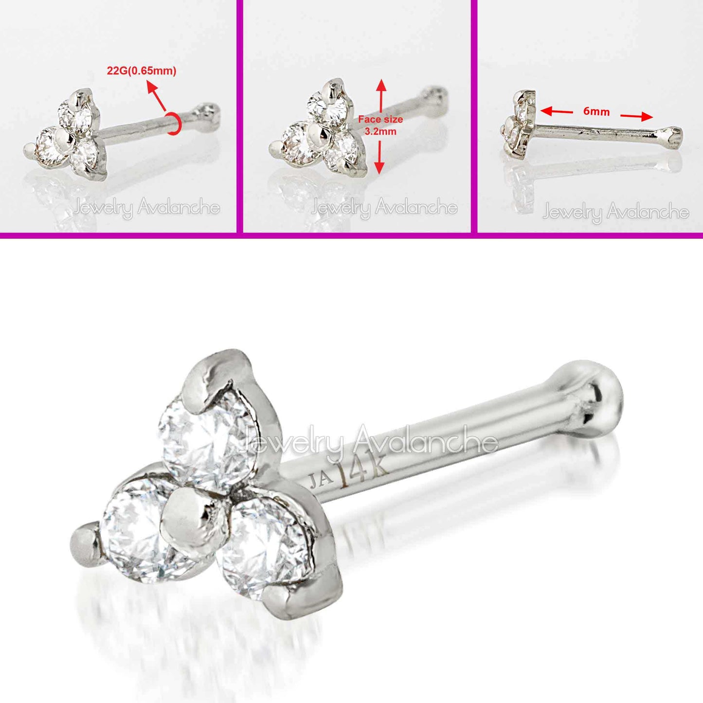 Jewelry Avalanche 3-stone 0.03ctw Diamond Nose Bone Stud 22G Solid 14K Gold